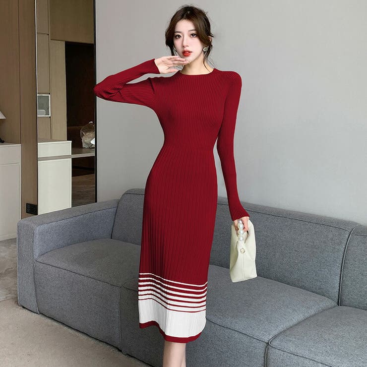 バイカラー ニットワンピース 全3色[品番：JSFW0012041]｜JS