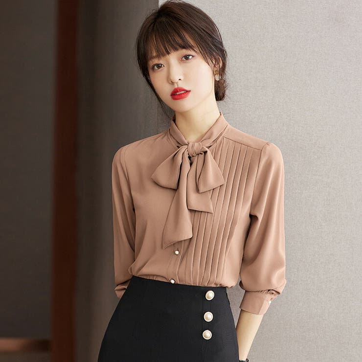 最前線の 首元リボン ブラウス プリーツ[品番：JSFW0011844]｜JS FASHION シャツ/ブラウス(長袖/七分)