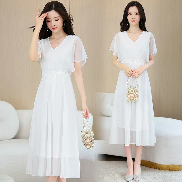 Aラインワンピース 白 無地[品番：JSFW0010367]｜JS FASHION