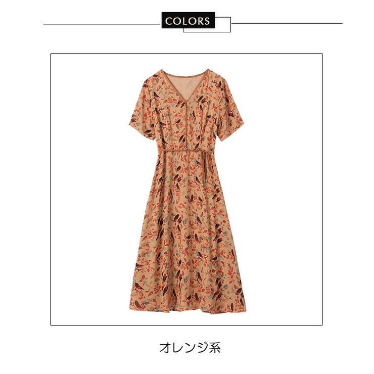 柄ワンピース 鳥柄 総柄[品番：JSFW0010378]｜JS FASHION
