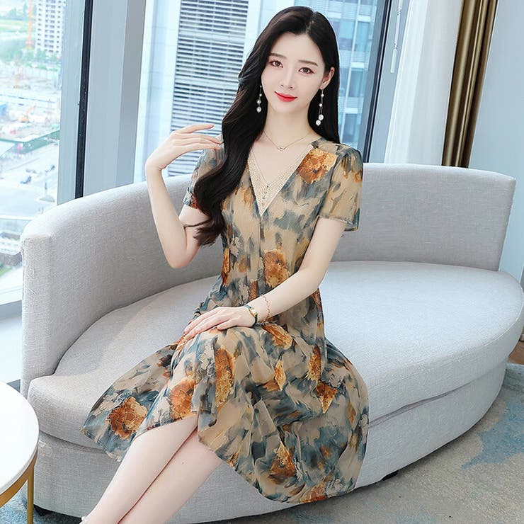 送料無料 通販 花柄 ワンピース レイヤード風[品番：JSFW0010379]｜JS FASHION ワンピース