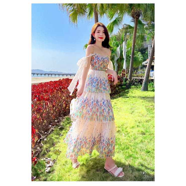 リゾート フルオフショルダー キャミソール 花柄 ワンピース リゾートワンピ 花柄ワンピ オフショルダー[品番：JSFW0010416