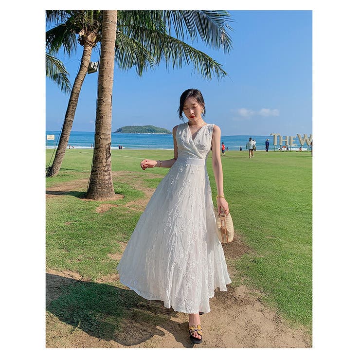リゾートワンピ 白 花柄[品番：JSFW0010814]｜JS FASHION