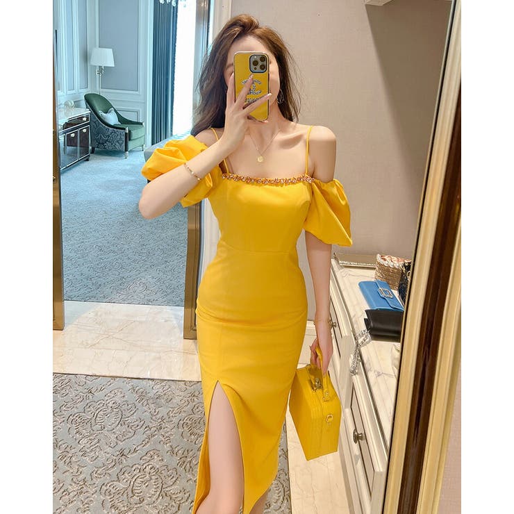 ビジュー付きイエロータイトドレス Veautt タイトドレス ビジュー付きイエロータイトドレス Veautt タイトドレス