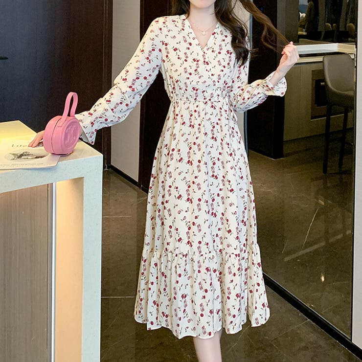 小花柄ワンピ Vネック ウエストリボン[品番：JSFW0013465]｜JS FASHION