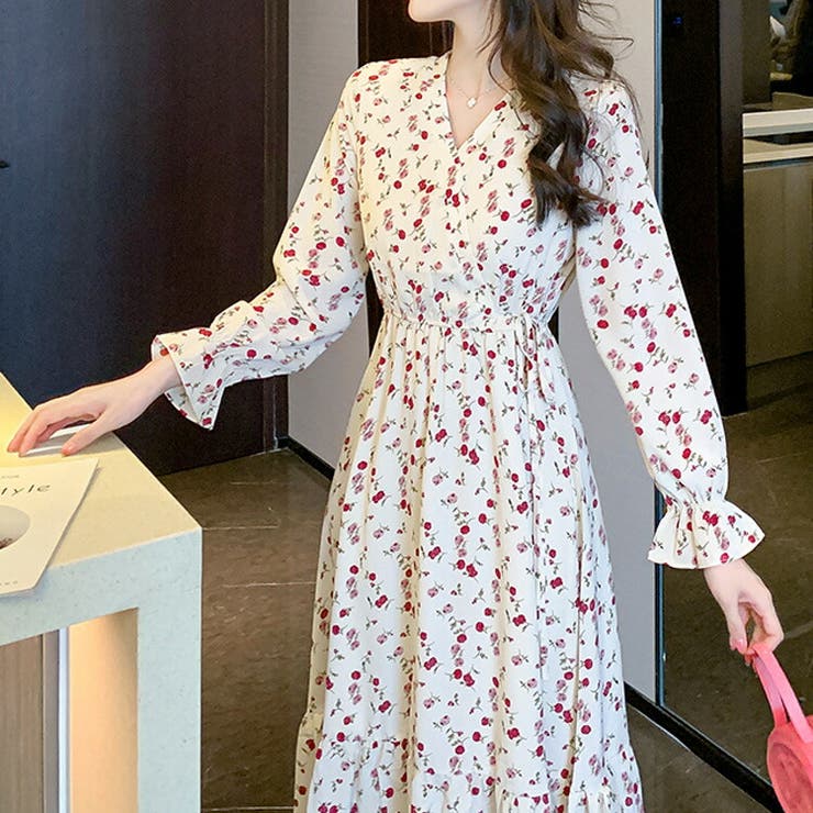 小花柄ワンピ Vネック ウエストリボン[品番：JSFW0013465]｜JS FASHION