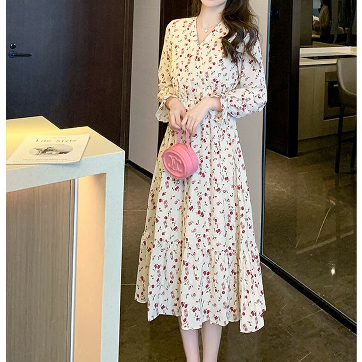小花柄ワンピ Vネック ウエストリボン[品番：JSFW0013465]｜JS FASHION