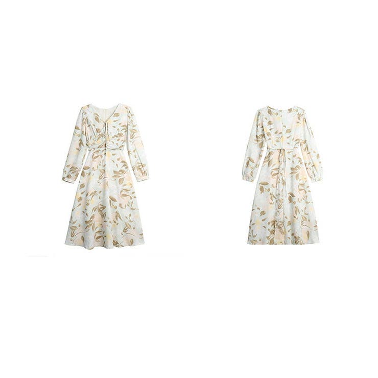 花柄ワンピ Vネック 首元リボン[品番：JSFW0013466]｜JS FASHION