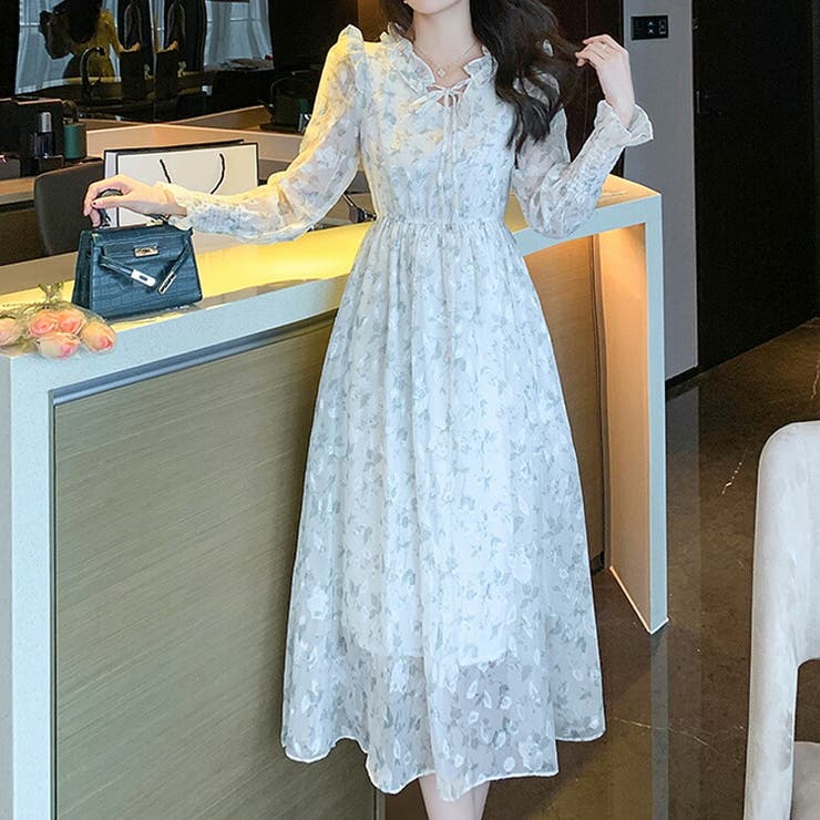 シフォンワンピース レディース ロングワンピース 花柄 Vネック