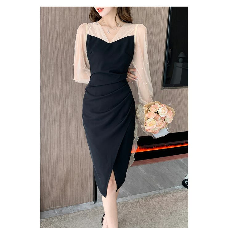 タイトワンピ 異素材切替 パール付き | JS FASHION | 詳細画像5 