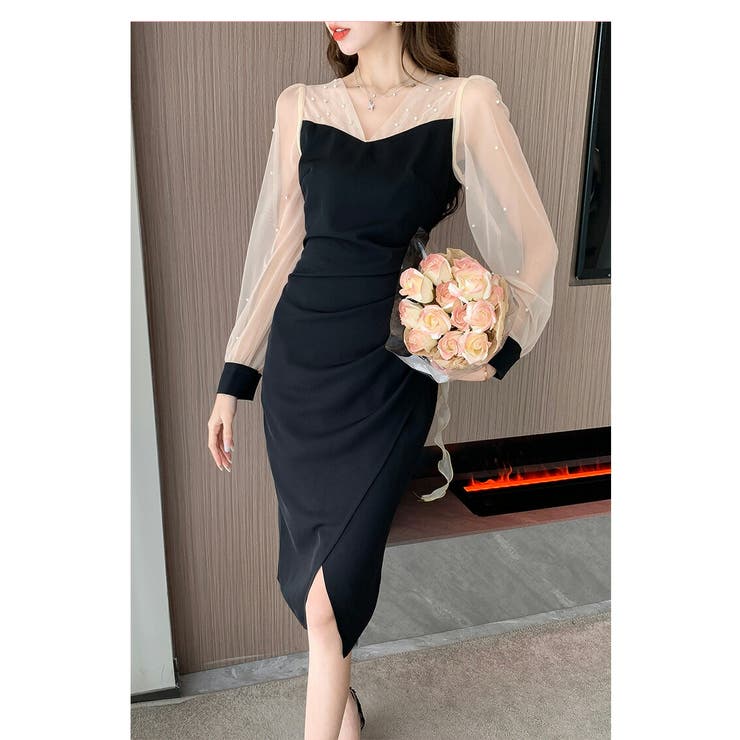 タイトワンピ 異素材切替 パール付き | JS FASHION | 詳細画像6 