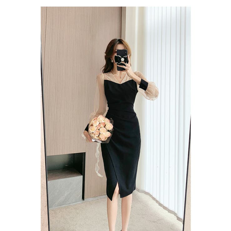 タイトワンピ 異素材切替 パール付き | JS FASHION | 詳細画像9 