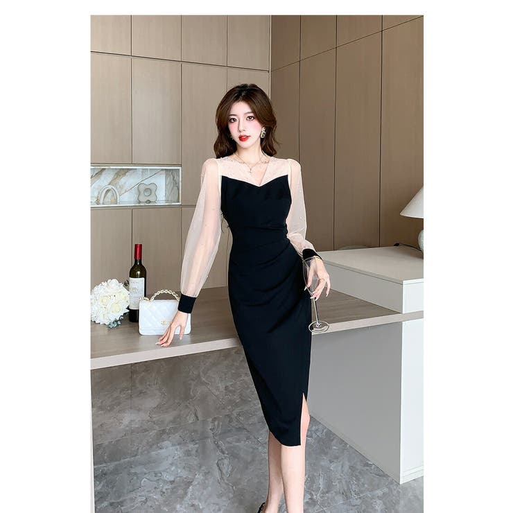 タイトワンピ 異素材切替 パール付き | JS FASHION | 詳細画像11 