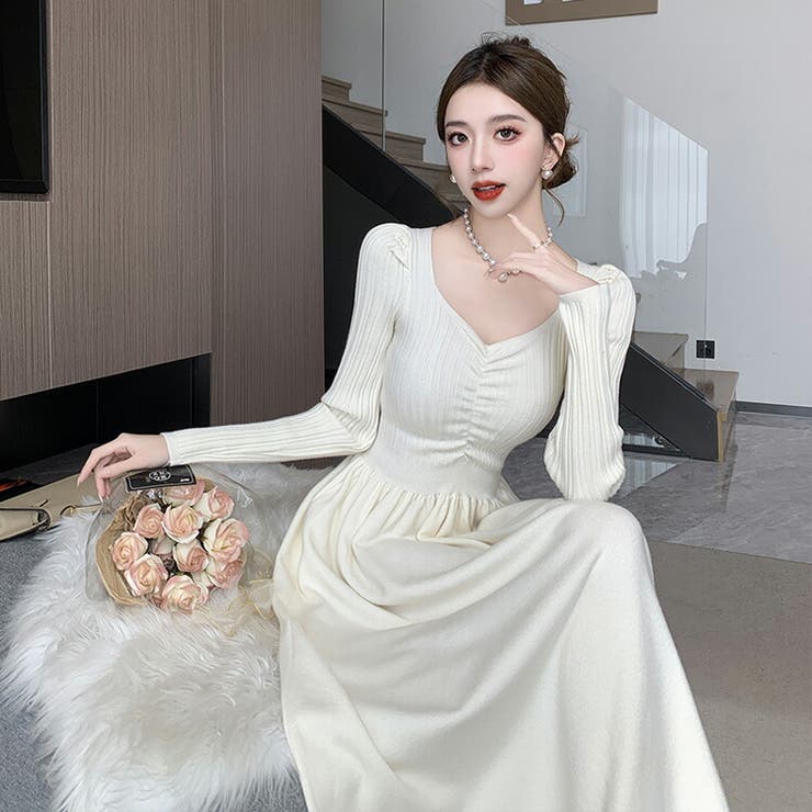 ニットワンピース 全4色 ダイヤモンドネック[品番:JSFW0012666 ニットワンピース 全4色 ダイヤモンドネック[品番:JSFW0012666