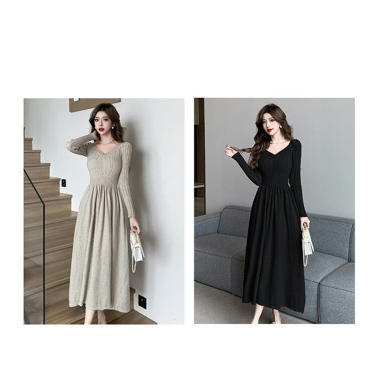 ニットワンピース 全4色 ダイヤモンドネック[品番:JSFW0012666 ニットワンピース 全4色 ダイヤモンドネック[品番:JSFW0012666