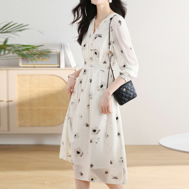 花柄ワンピース シフォン Aライン[品番：JSFW0012740]｜JS FASHION