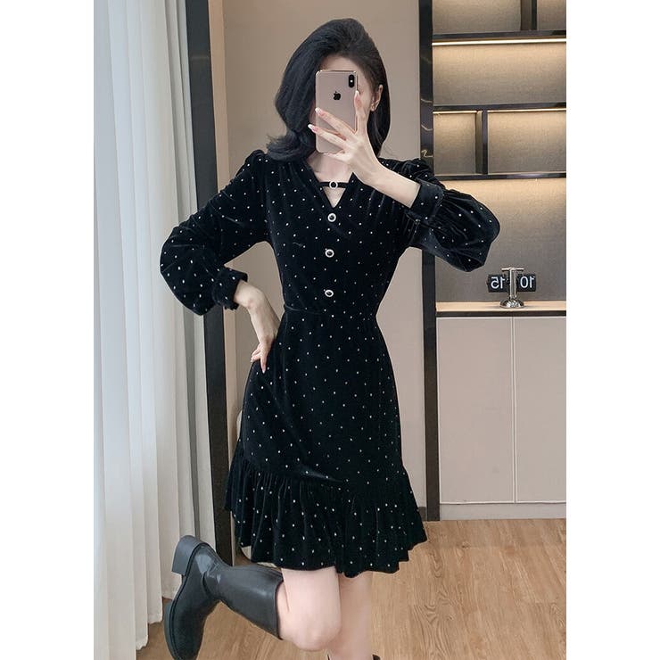 パーティードレス ベロアワンピ ドット風[品番：JSFW0014372