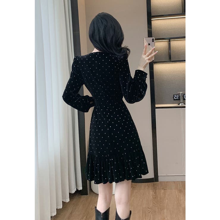 パーティードレス ベロアワンピ ドット風[品番:JSFW0014372 パーティードレス ベロアワンピ ドット風[品番:JSFW0014372