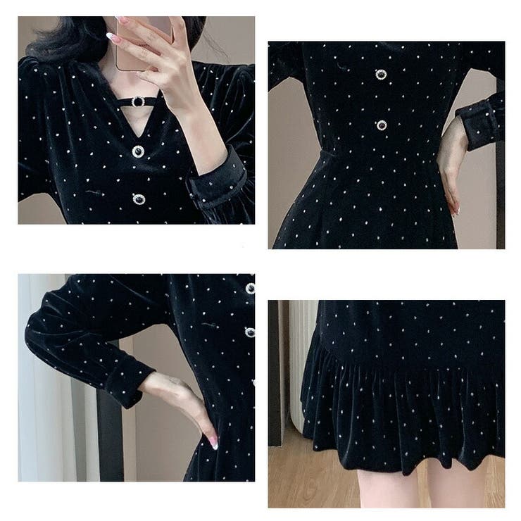 パーティードレス ベロアワンピ ドット風[品番：JSFW0014372