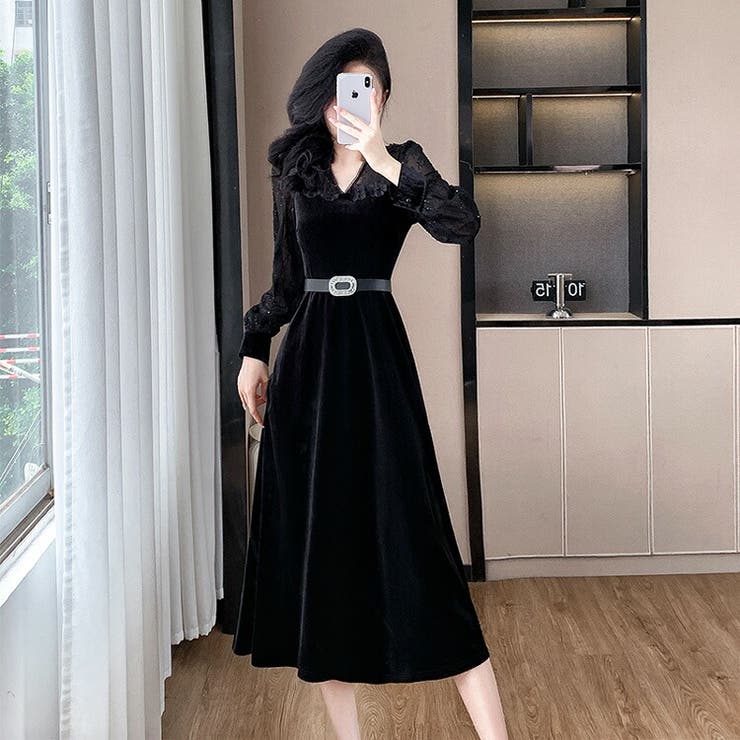 ベロアワンピース ベルト付き フラワーモチーフ[品番：JSFW0014421]｜JS  FASHION（ジェーエスファッション）のレディースファッション通販｜SHOPLIST（ショップリスト）