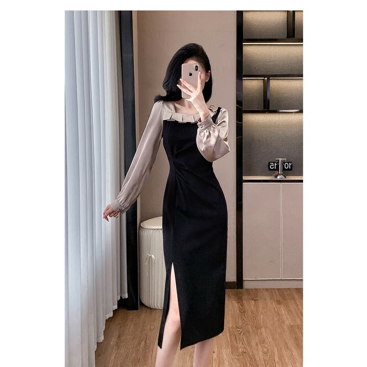 axes femme ワンピース レイヤード風ドッキングワンピース