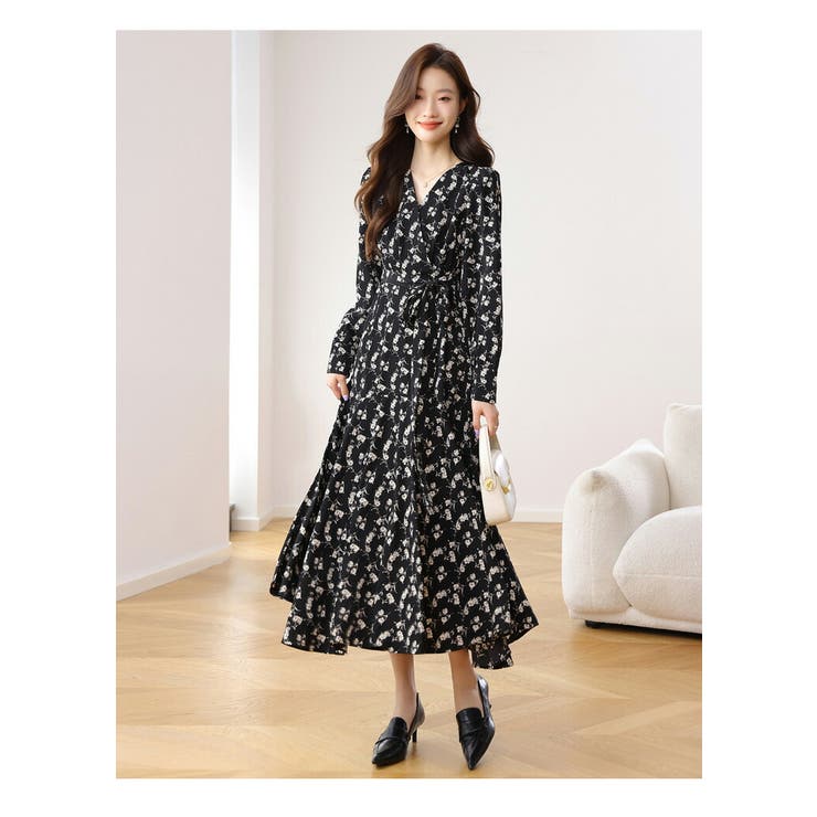 花柄ワンピース 長袖 ウエストリボン[品番：JSFW0014440]｜JS FASHION