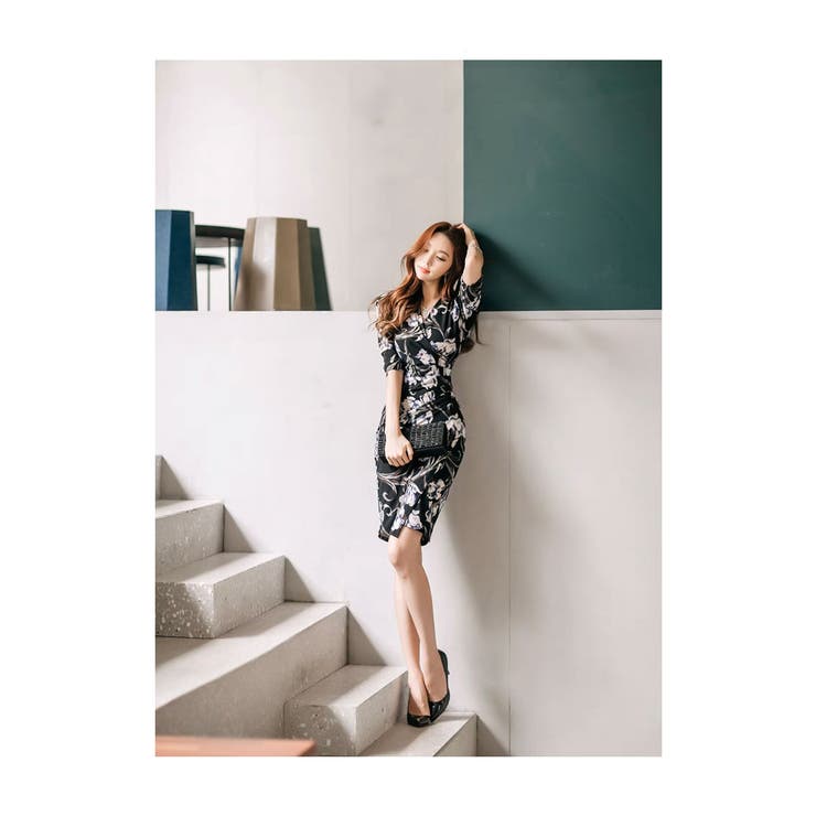 karin stevens dress ひざ丈タイトワンピース USA VINTAGE karin stevens BIG COLLAR FLOWER PATTERNED ONE
