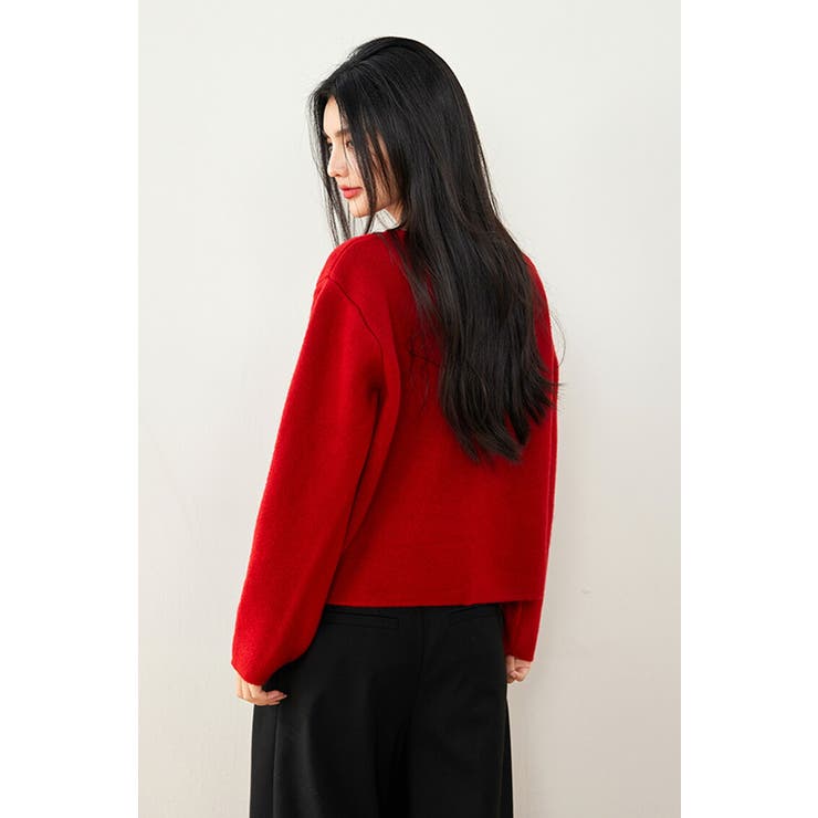 レディース 長袖 リボン ニット トップス でかかっ ベロア 赤 女性 秋服冬服 かわいい