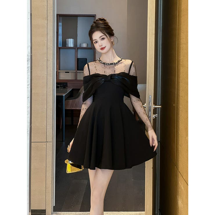 パーティードレス ビジューネック シースルー[品番：JSFW0014535