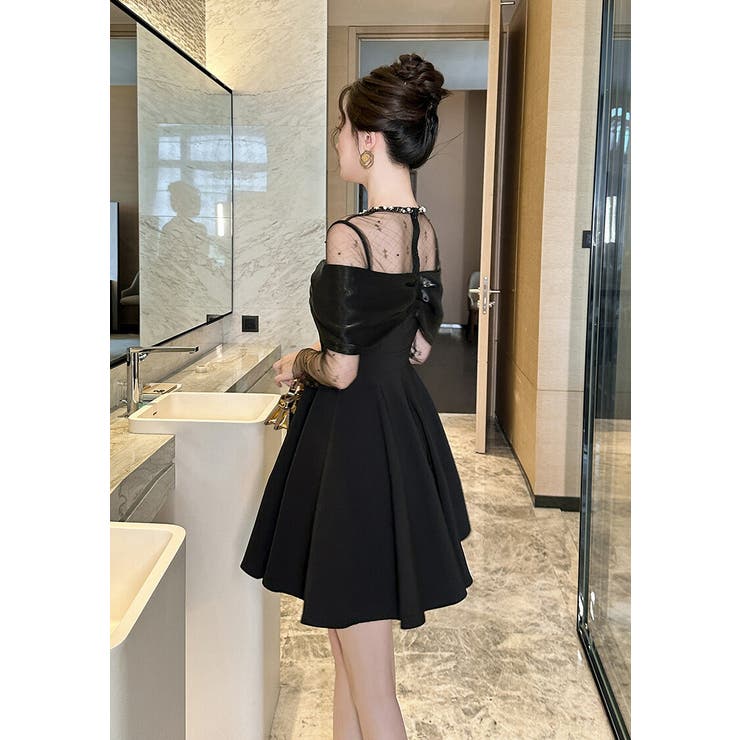 パーティードレス ビジューネック シースルー[品番：JSFW0014535