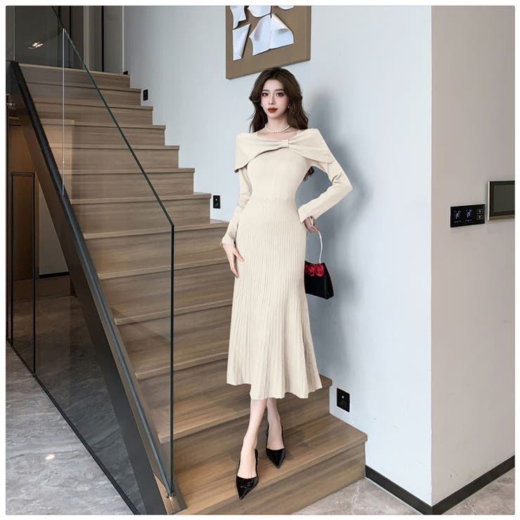 CHICWISH★ネックリボンニットワンピース☆ ニットワンピース 全3色 リボン風[品番：JSFW0014628]｜JS