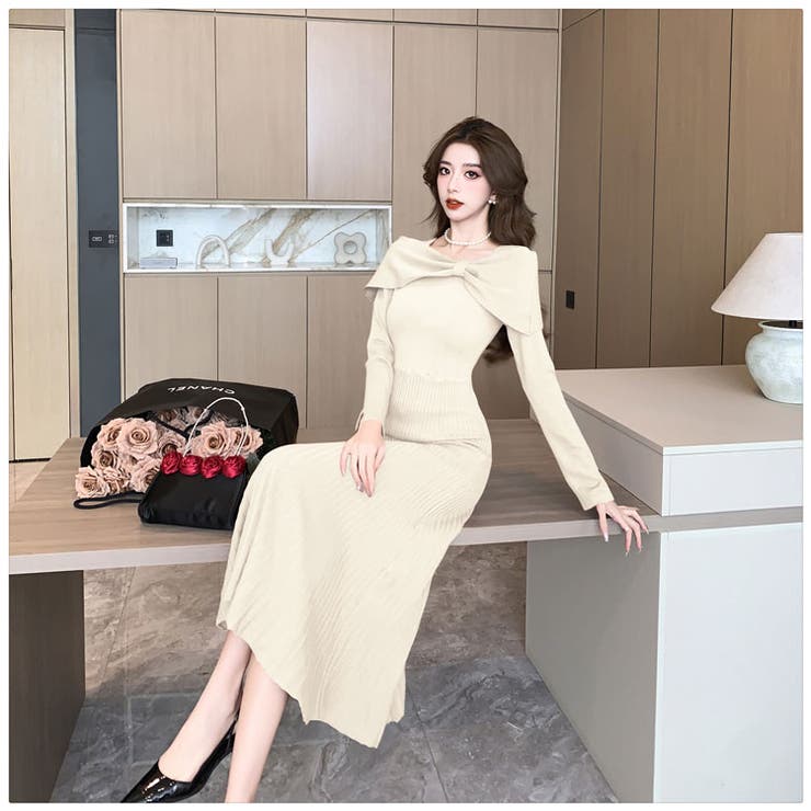 CHICWISH★ネックリボンニットワンピース☆ ニットワンピース 全3色 リボン風[品番：JSFW0014628]｜JS