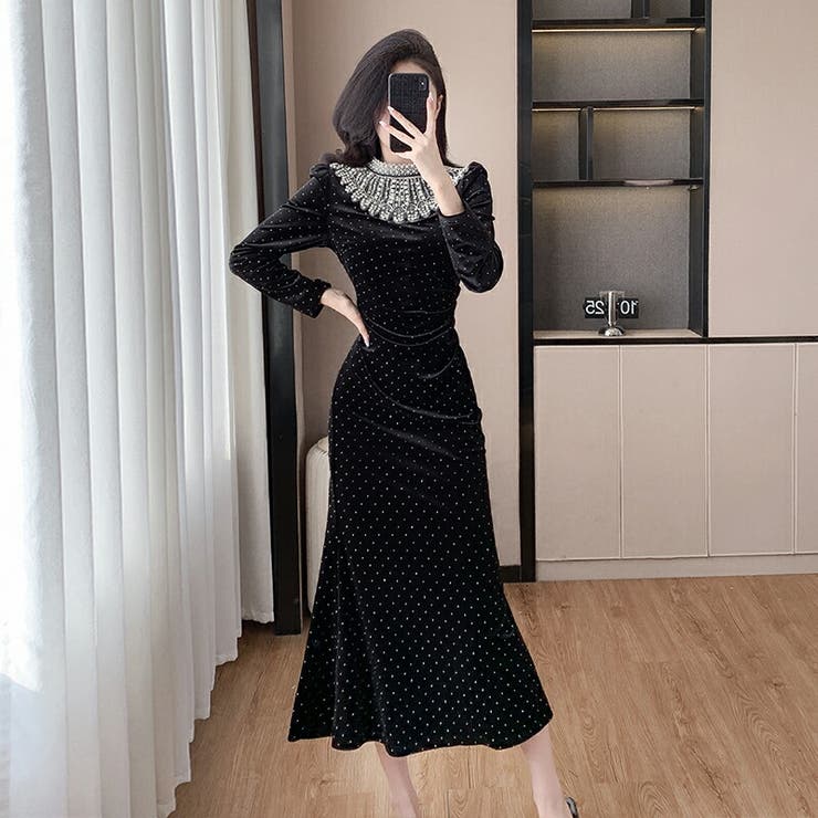 ベロアワンピース ビジュー付き パーティードレス[品番：JSFW0014594]｜JS  FASHION（ジェーエスファッション）のレディースファッション通販｜SHOPLIST（ショップリスト）