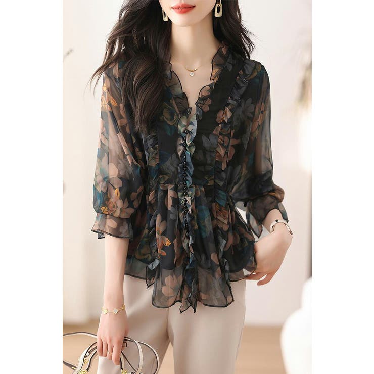 MAX80%OFF／セール開催中 花柄ブラウス シースルー[品番：JSFW0013242]｜JS Vネック トップス