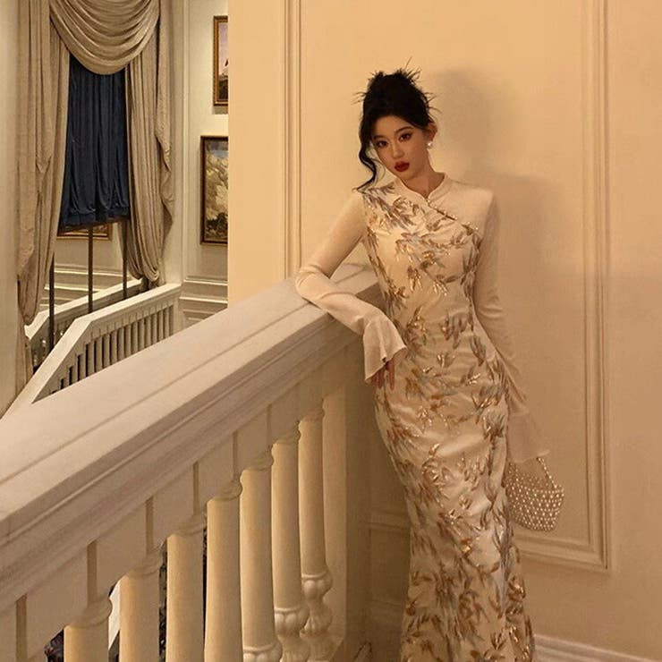 オリーブ スリーブ付きロングドレス szp184.jpg
