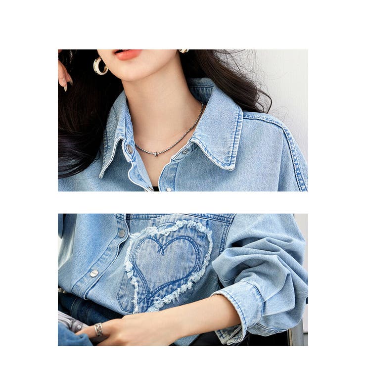 デニムシャツ ハートデザイン カジュアルシャツ[品番