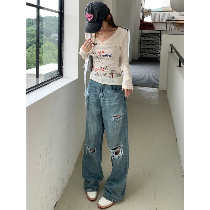 ダメージデニム セミワイドパンツ サステナブル 103104 ワイド