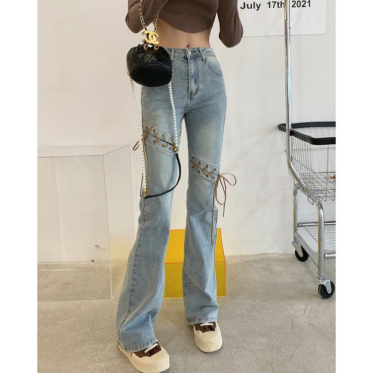 ブーツカット デニムパンツ レースアップデザイン[品番：JSFW0012966