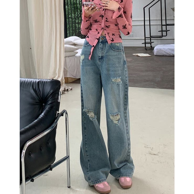 MRNEARLY ダメージ ストリート ワイドパンツ ジーンズ ジーンズ ワイドストレート デニムパンツ / ワイドパンツ ワイド