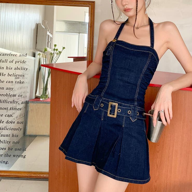 ノースリーブウエストドレスガーリーホルターネックデニム