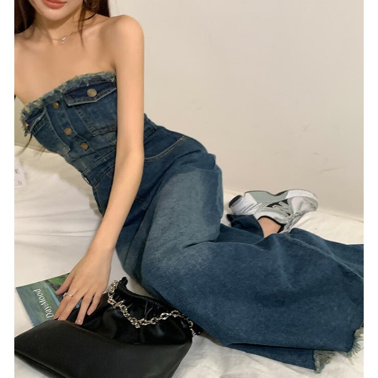 デニムワンピース ベアトップ ロングワンピ[品番：JSFW0013054