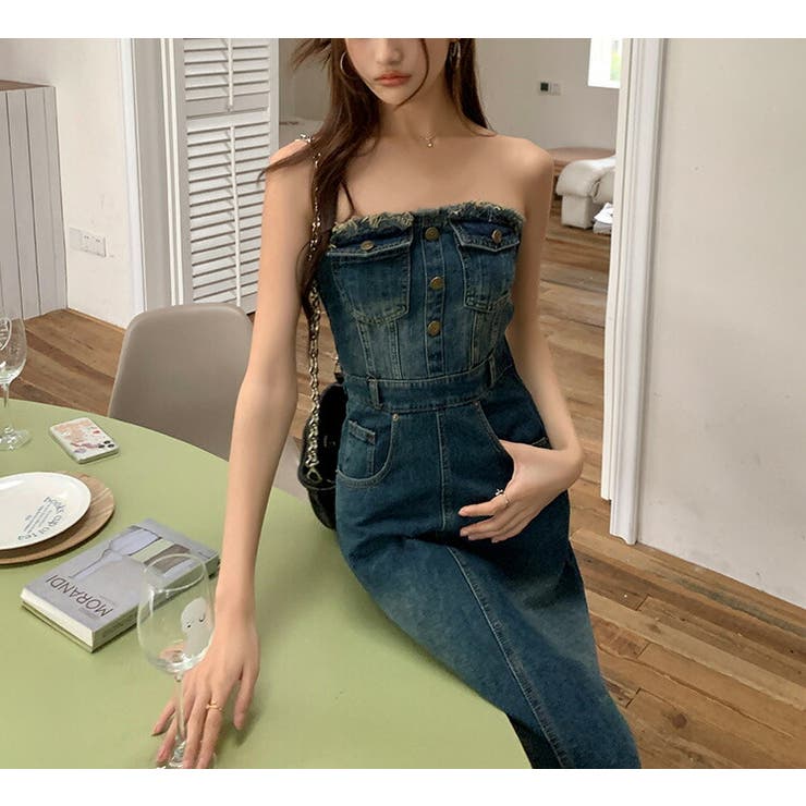 デニムワンピース ベアトップ ロングワンピ[品番：JSFW0013054