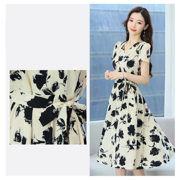   ウエストリボンが可愛い♪花柄シャツワンピース zootie（ズーティー）：ウエストリボン 花柄 シャツワンピース