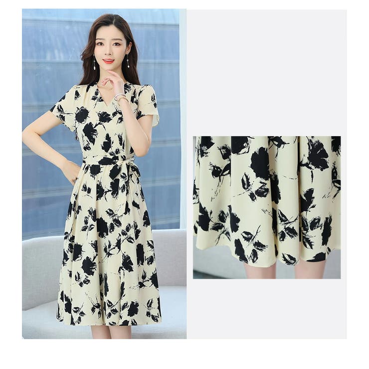 花柄ワンピース ウエストリボン 花柄[品番：JSFW0013125]｜JS FASHION