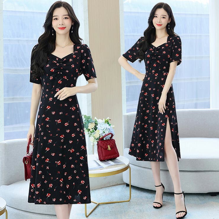 花柄ワンピース ダイヤモンドネック スリット入り | JS FASHION | 詳細画像1 