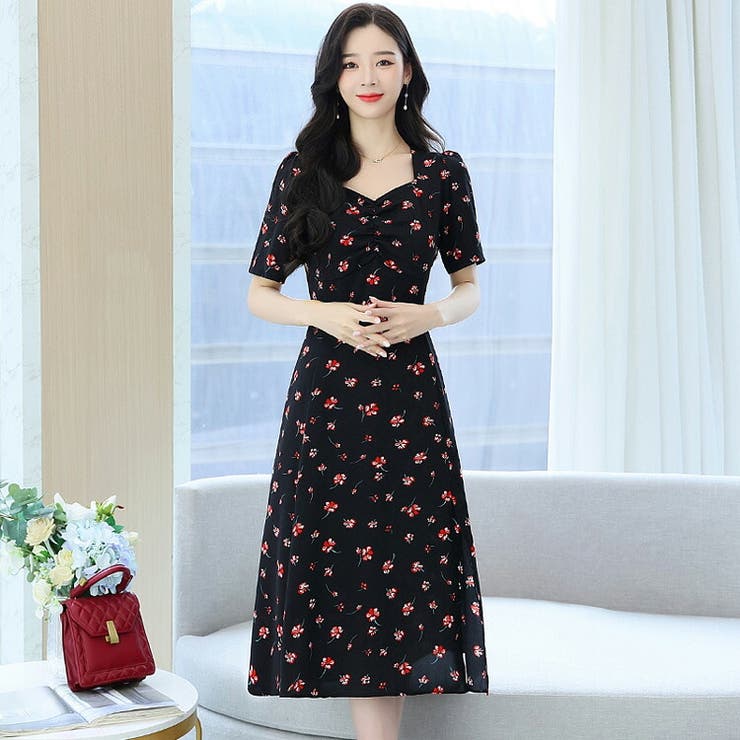 花柄ワンピース ダイヤモンドネック スリット入り | JS FASHION | 詳細画像2 