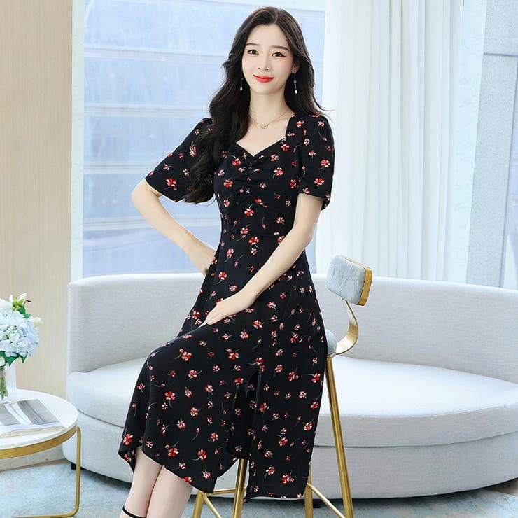 花柄ワンピース ダイヤモンドネック スリット入り | JS FASHION | 詳細画像3 