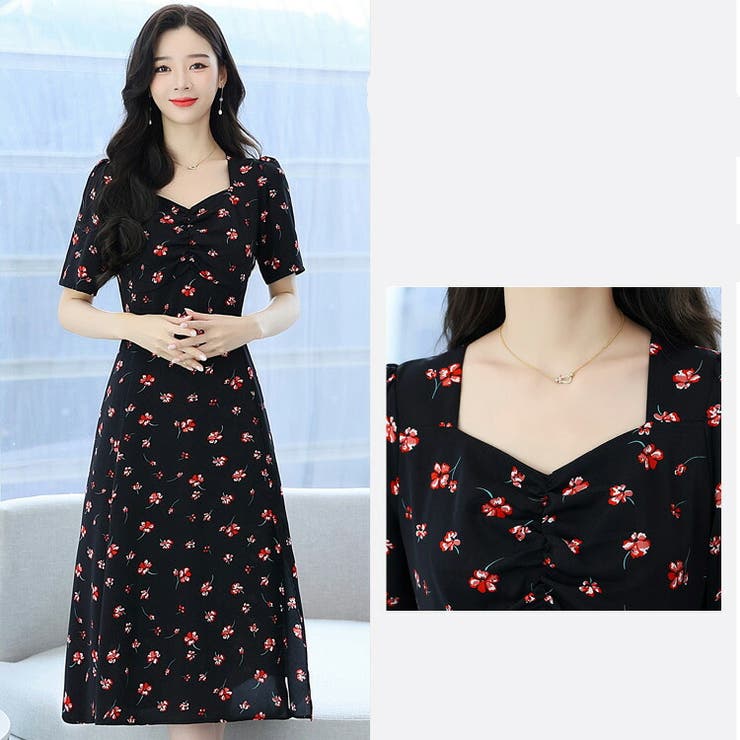 花柄ワンピース ダイヤモンドネック スリット入り | JS FASHION | 詳細画像14 