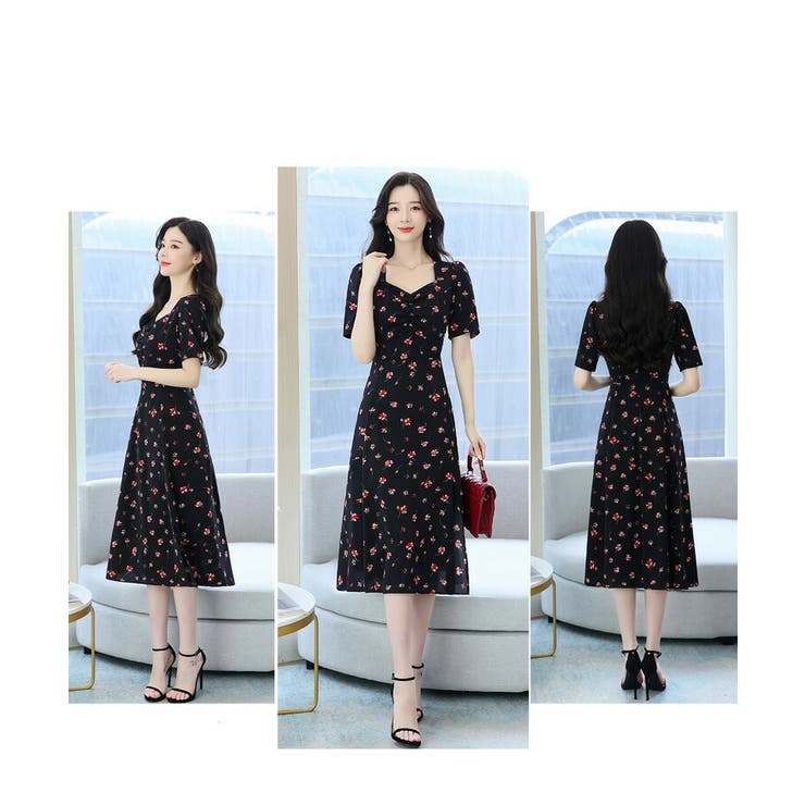 花柄ワンピース ダイヤモンドネック スリット入り | JS FASHION | 詳細画像17 