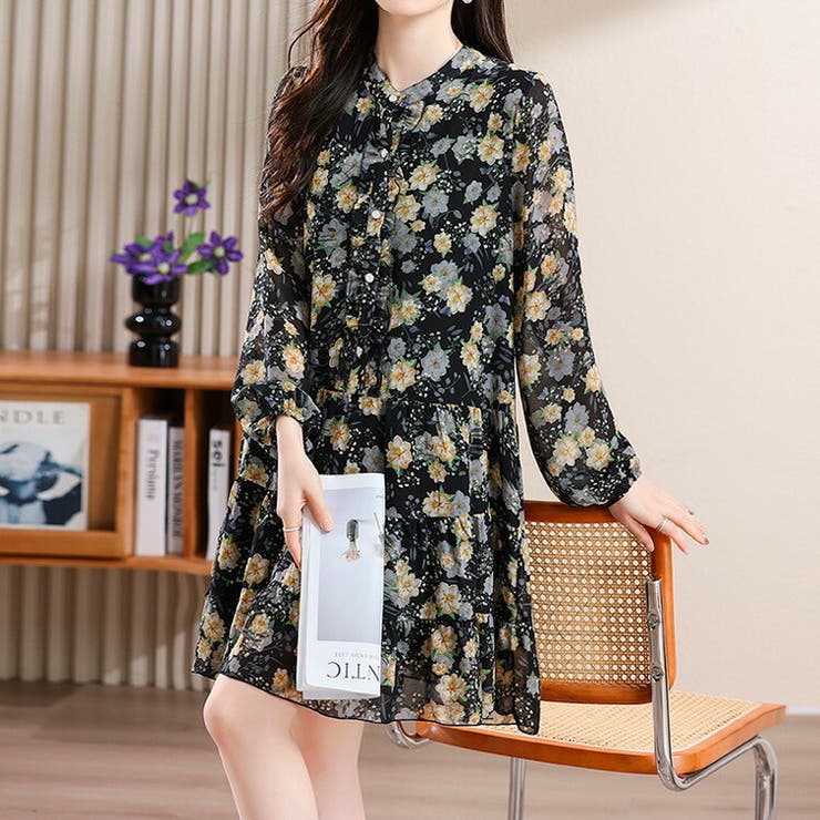 ラメフリル花柄OP 花柄ワンピース シフォン 長袖[品番：JSFW0013227]｜JS FASHION
